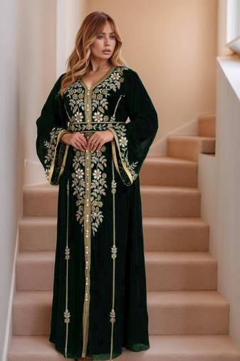 Elegant Black georgette kaftan gown with Golden zari work With hijab.