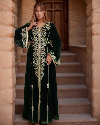 Elegant Black georgette kaftan gown with Golden zari work With hijab. 2