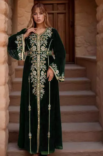 Elegant Black georgette kaftan gown with Golden zari work With hijab.
