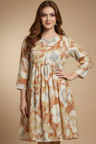 Women's mustard floral printed pleated tunic