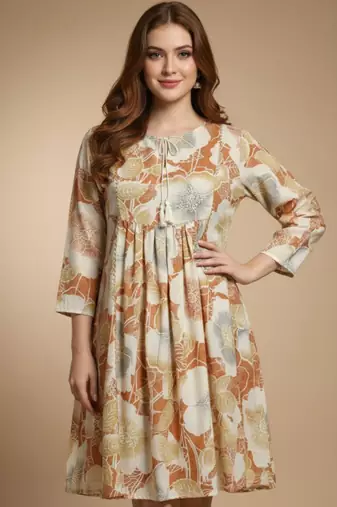 Women's mustard floral printed pleated tunic