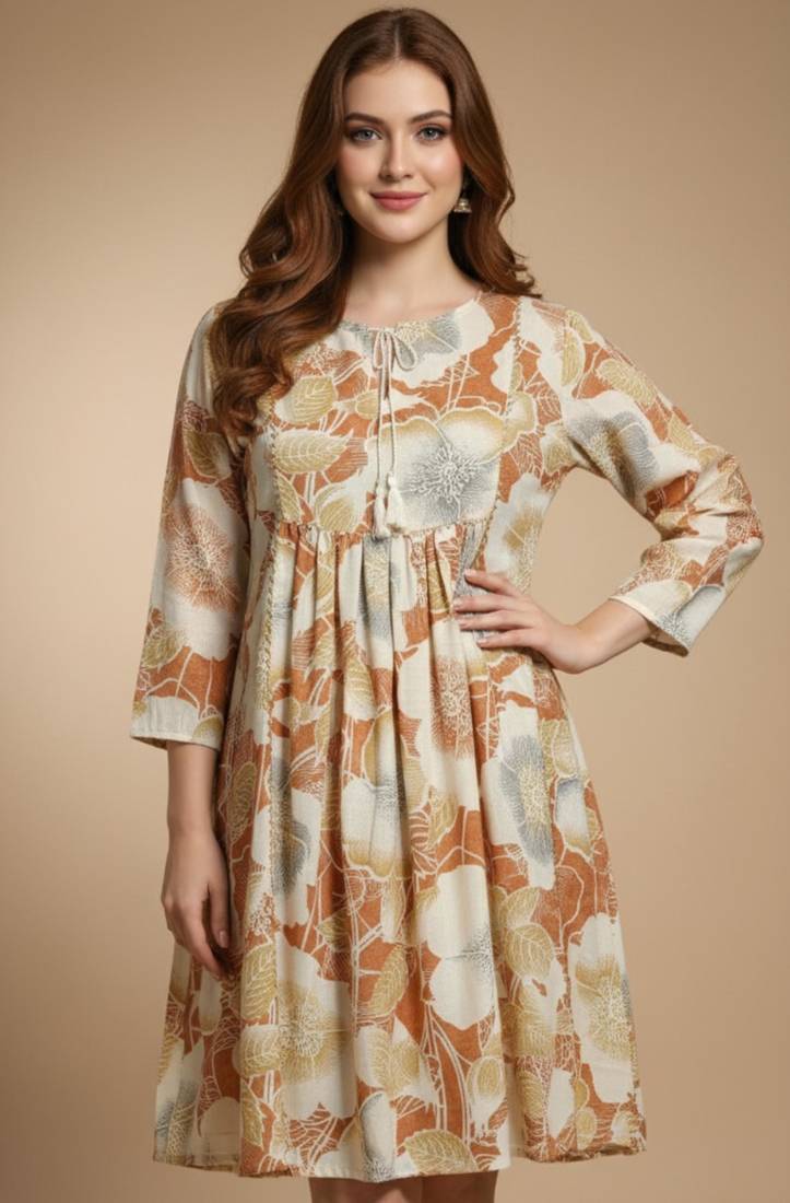 Women's mustard floral printed pleated tunic