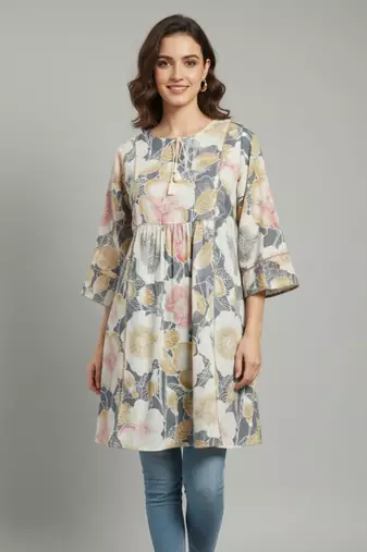 Women's grey floral printed pleated tunic