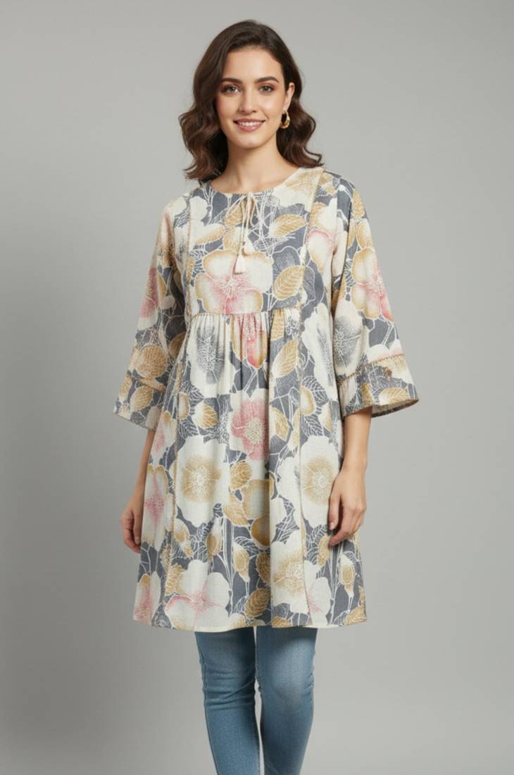 Women's grey floral printed pleated tunic