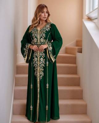 Elegant Dark Green georgette kaftan gown with Golden zari work With hijab. 1