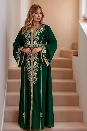 Elegant Dark Green georgette kaftan gown with Golden zari work With hijab.