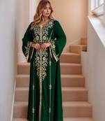 Elegant Dark Green georgette kaftan gown with Golden zari work With hijab.