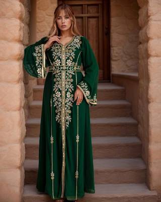 Elegant Dark Green georgette kaftan gown with Golden zari work With hijab. 2