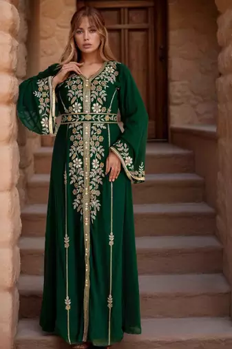 Elegant Dark Green georgette kaftan gown with Golden zari work With hijab.