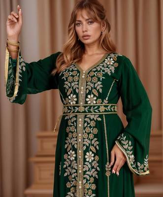 Elegant Dark Green georgette kaftan gown with Golden zari work With hijab. 3