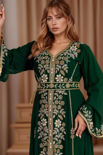 Elegant Dark Green georgette kaftan gown with Golden zari work With hijab.
