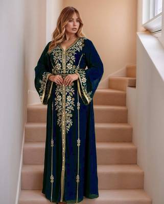 Elegant Navy-Blue georgette kaftan gown with Golden zari work With hijab. 1