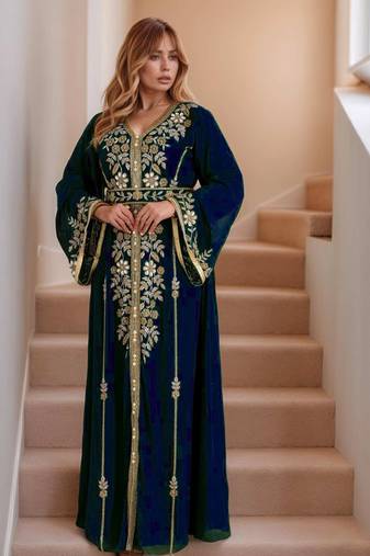 Elegant Navy-Blue georgette kaftan gown with Golden zari work With hijab.