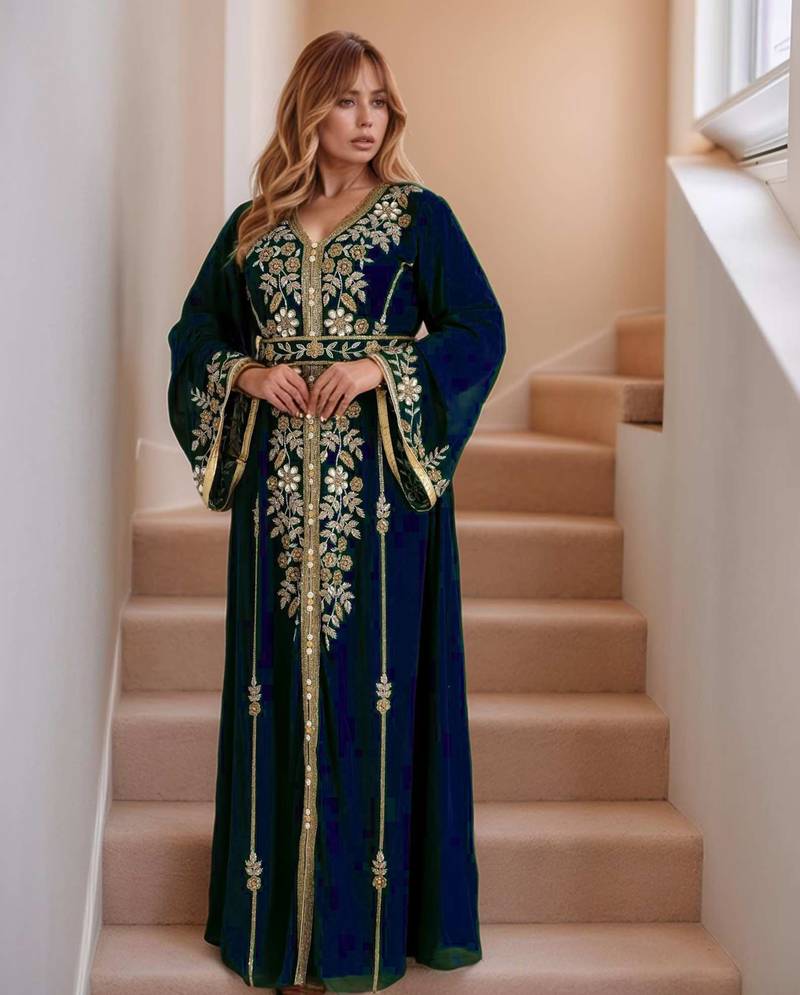 Elegant Navy-Blue georgette kaftan gown with Golden zari work With hijab.