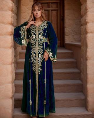 Elegant Navy-Blue georgette kaftan gown with Golden zari work With hijab. 2