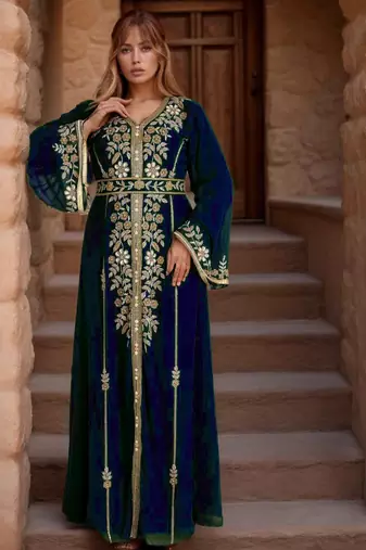 Elegant Navy-Blue georgette kaftan gown with Golden zari work With hijab.