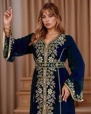 Elegant Navy-Blue georgette kaftan gown with Golden zari work With hijab. 3