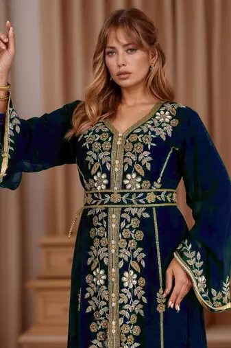 Elegant Navy-Blue georgette kaftan gown with Golden zari work With hijab.