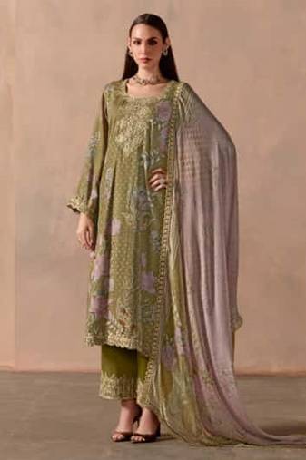 Olive green dori pitta embroidery muslin straight kurta palazzo suit- full stitched free size