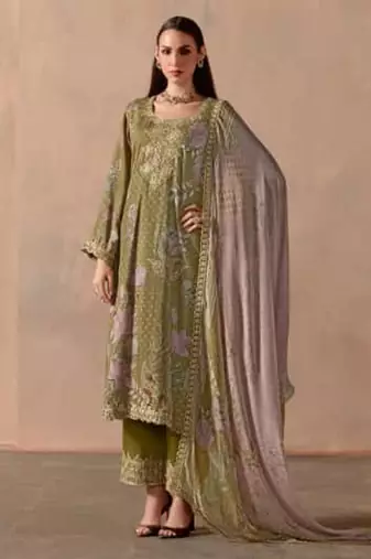Olive green dori pitta embroidery muslin straight kurta palazzo suit- full stitched free size