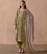 Olive green dori pitta embroidery muslin straight kurta palazzo suit- full stitched free size