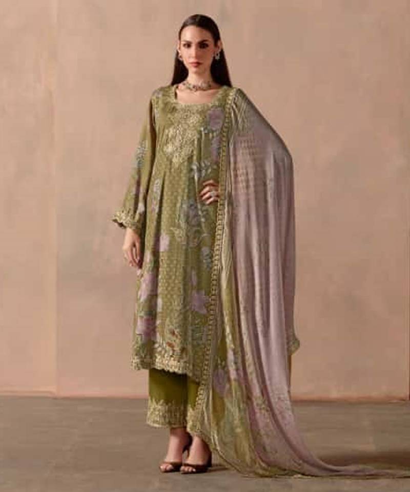Olive green dori pitta embroidery muslin straight kurta palazzo suit- full stitched free size