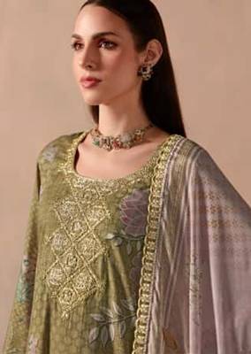 Olive green dori pitta embroidery muslin straight kurta palazzo suit- full stitched free size 2