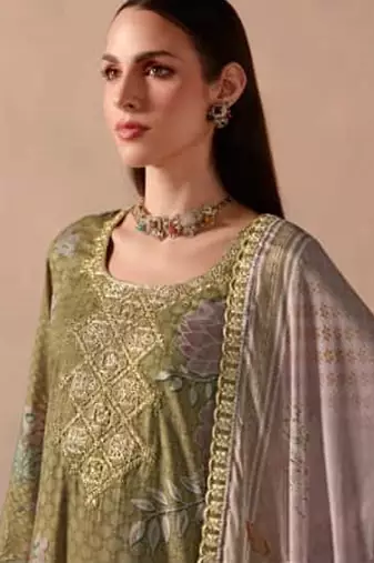 Olive green dori pitta embroidery muslin straight kurta palazzo suit- full stitched free size