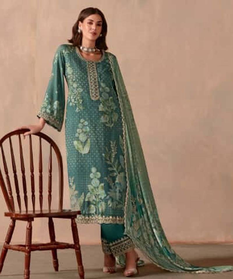 Teal green dori pitta embroidery muslin straight kurta palazzo suit- full stitched free size