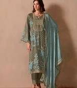 Light aqua  dori pitta embroidery muslin straight kurta palazzo suit- full stitched free size
