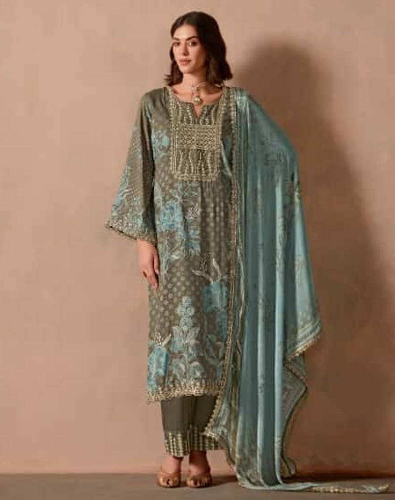 Light aqua  dori pitta embroidery muslin straight kurta palazzo suit- full stitched free size