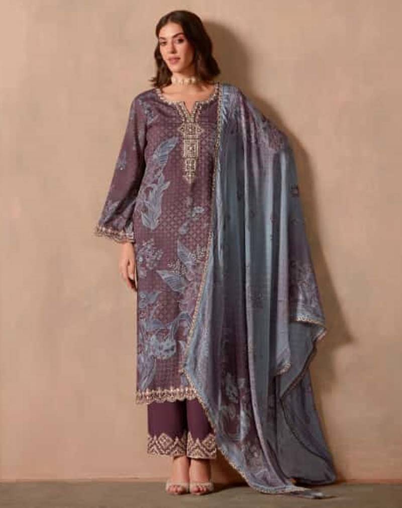 Mauve dori pitta embroidery muslin straight kurta palazzo suit- full stitched free size