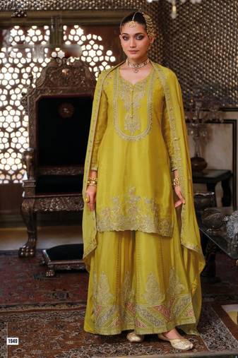 Lime green embroided chinnon straight top palazzo suit- full stitched free size