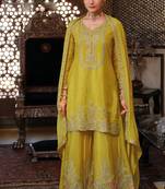 Lime green embroided chinnon straight top palazzo suit- full stitched free size