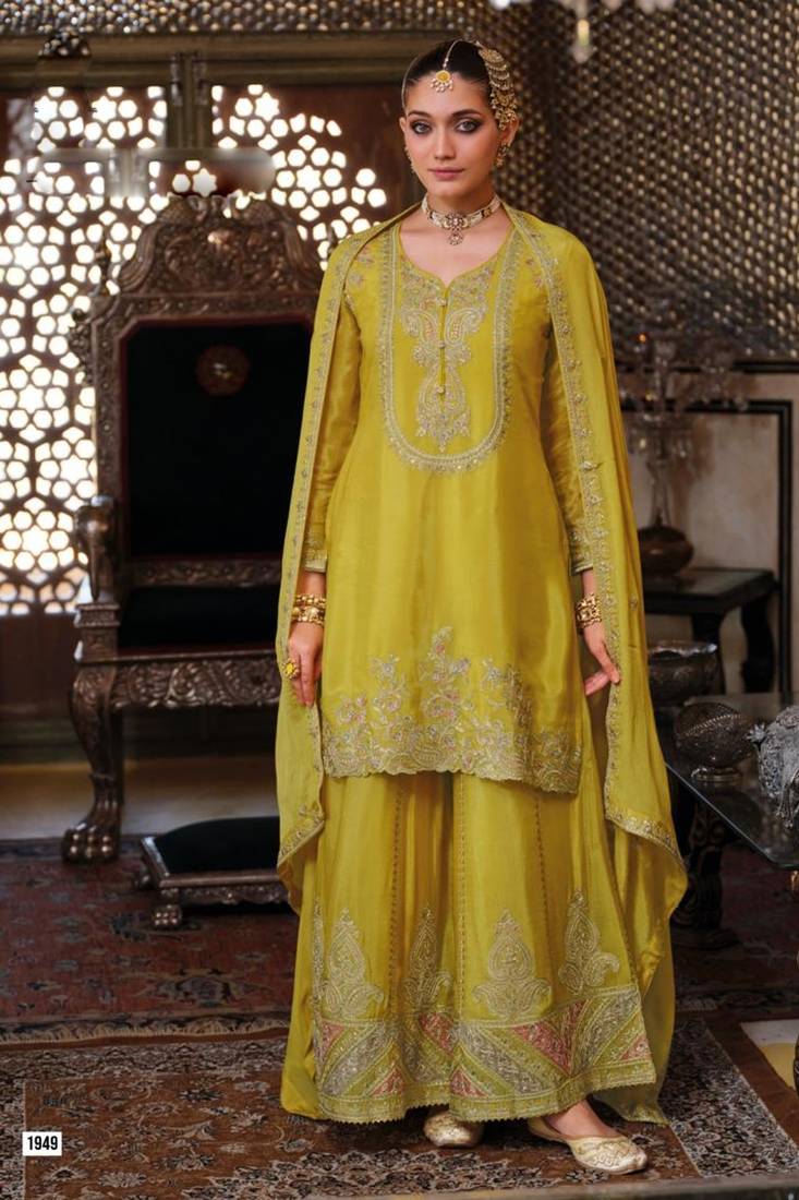Lime green embroided chinnon straight top palazzo suit- full stitched free size