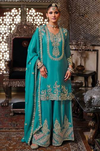 Turquoise blue embroidery chinnon straight top palazzo suit- full stitched free size