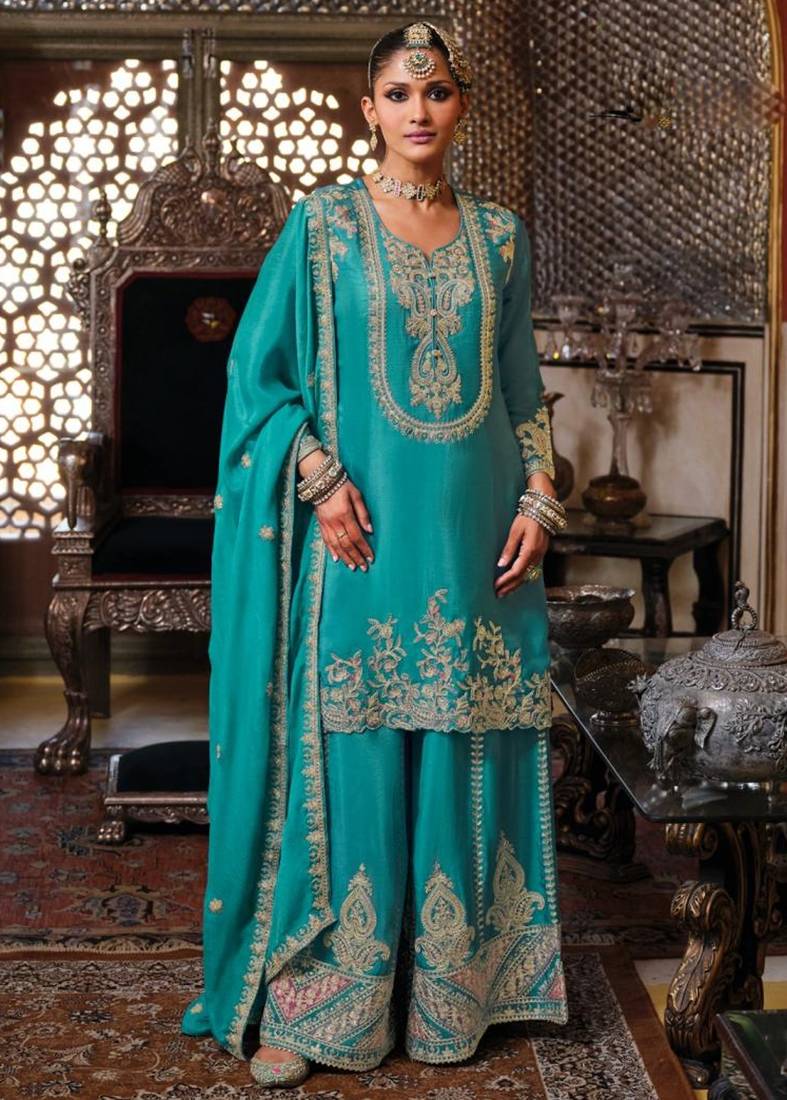 Turquoise blue embroidery chinnon straight top palazzo suit- full stitched free size