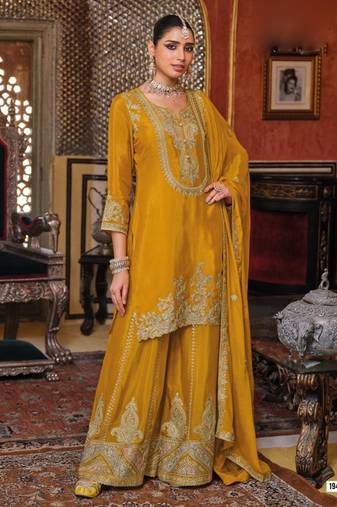 Mustard yellow embroided chinnon  straight top  palazzo suit- full stitched free size