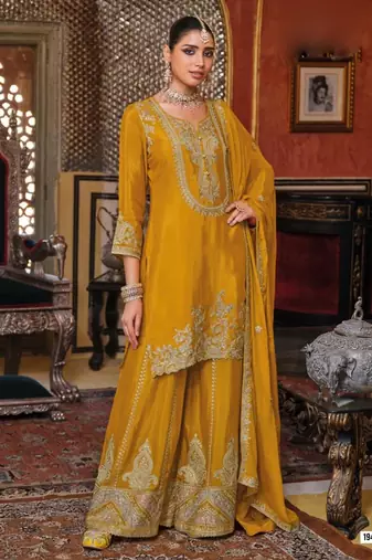 Mustard yellow embroided chinnon  straight top  palazzo suit- full stitched free size