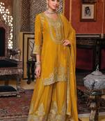 Mustard yellow embroided chinnon  straight top  palazzo suit- full stitched free size