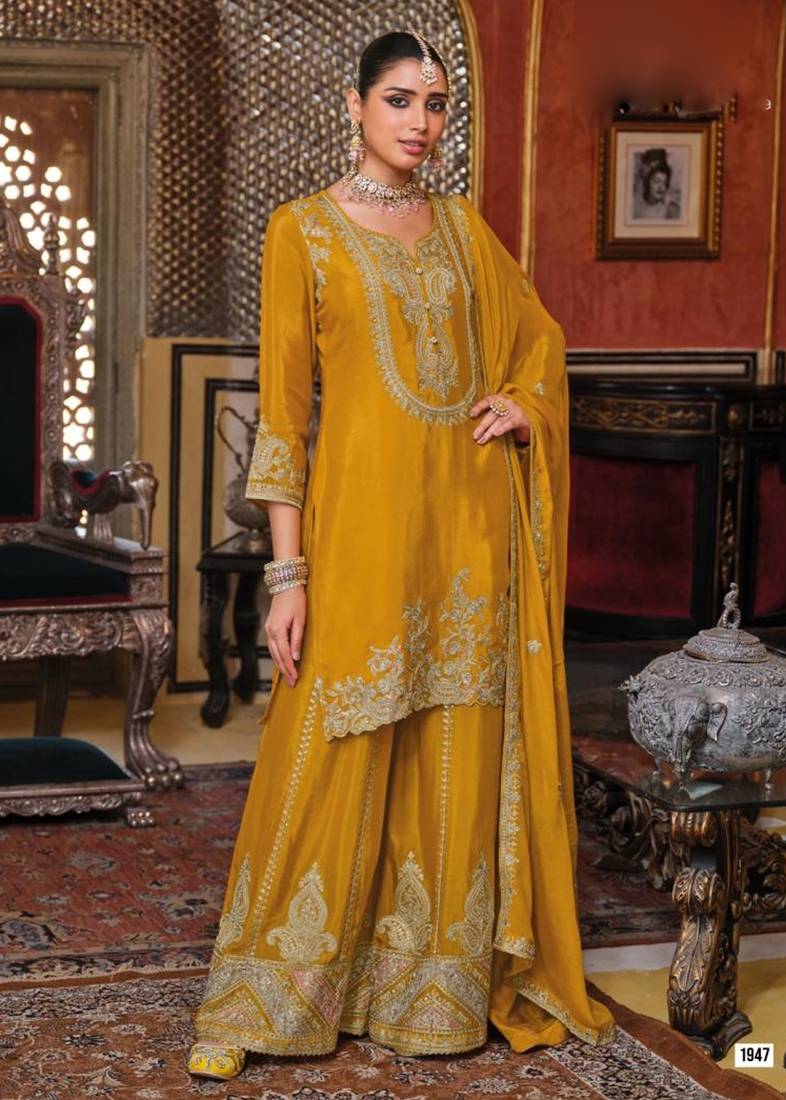 Mustard yellow embroided chinnon  straight top  palazzo suit- full stitched free size