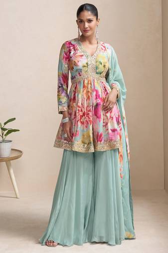 Multi zari embroidered & printed chinnon short straight top palazzo suit- full stitched free size