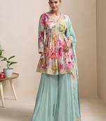 Multi zari embroidered & printed chinnon short straight top palazzo suit- full stitched free size