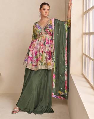 Multi zari embroidered & printed chinnon short straight top palazzo suit- full stitched free size 1