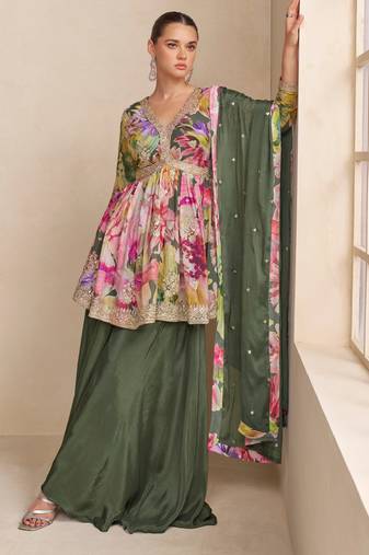 Multi zari embroidered & printed chinnon short straight top palazzo suit- full stitched free size