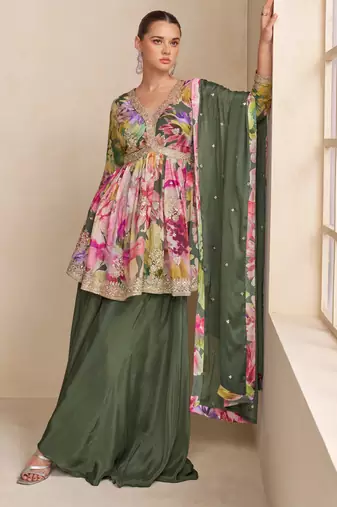 Multi zari embroidered & printed chinnon short straight top palazzo suit- full stitched free size