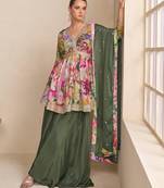 Multi zari embroidered & printed chinnon short straight top palazzo suit- full stitched free size