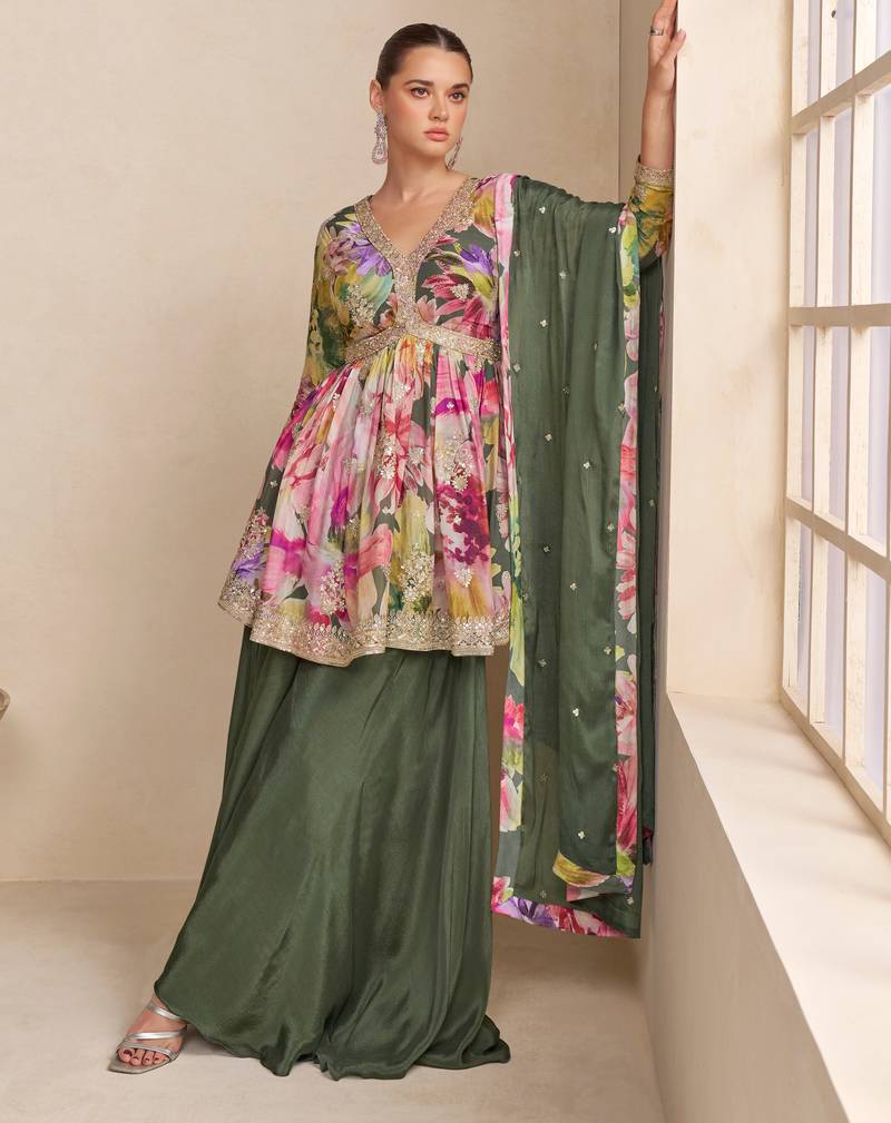 Multi zari embroidered & printed chinnon short straight top palazzo suit- full stitched free size