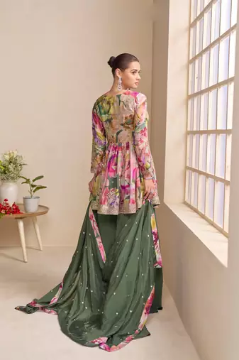 Multi zari embroidered & printed chinnon short straight top palazzo suit- full stitched free size