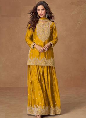 Teal blue thread embroidery & sequines chinnon silk anarkali kurta palazzo suit- full stitched free size 1